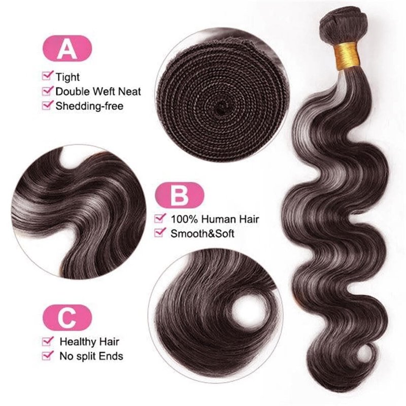 Ratheinhi Bundles Human Hair P4/GREY 12 14 16 Inch Body Wave Human Hair Bundles Highlight Chocolate mix Grey Unprocessed Brazilian Virgin Quick Weave Hair for Black Women