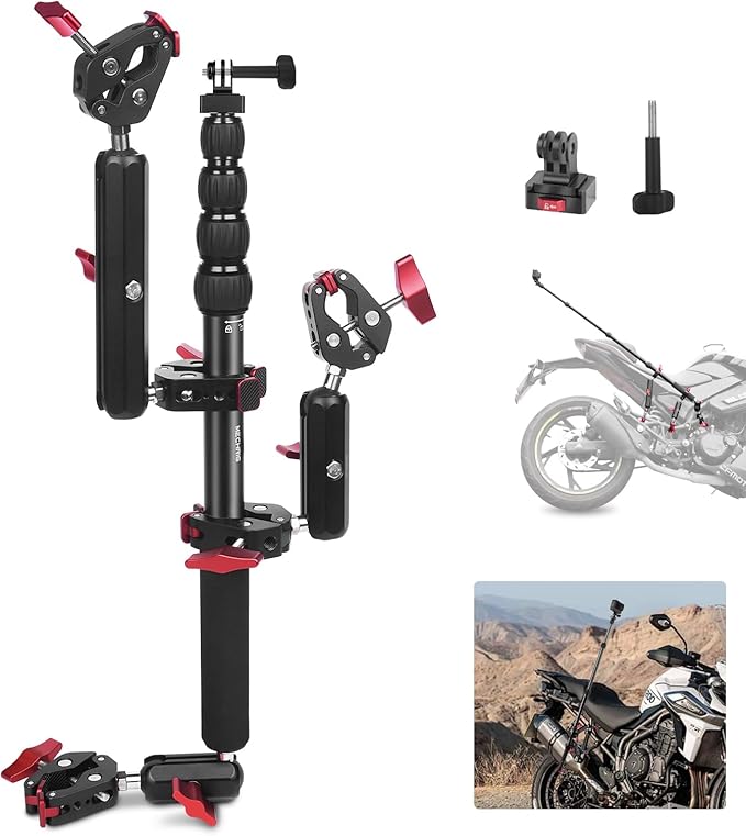 Mechrig Motorcycle Mount kit for Insta36O X5 X4, Bike Handlebar Clamp Mount and 59" Invisible Selfie Stick Bundle Kit, Heavy-Duty Super Clamp Camera Ebike ATV Mount for G02/3 /3S/Ace, GoPr0 13,JC017