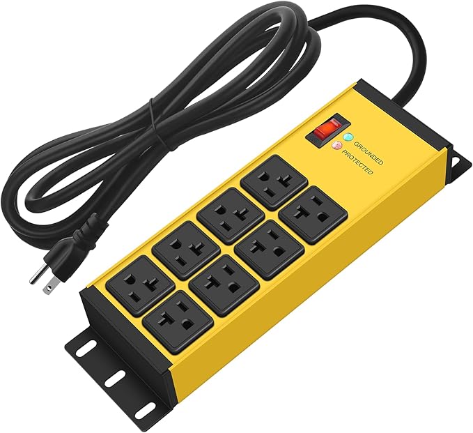 CCCEI Heavy Duty Power Strip Surge Protector 20 AMP Switch, 12 Gauge Extension Cord with Multiple Outlets, Industrial, Shop, Garage High Amp Wall Mount Electric Extender. 10FT, Yellow.