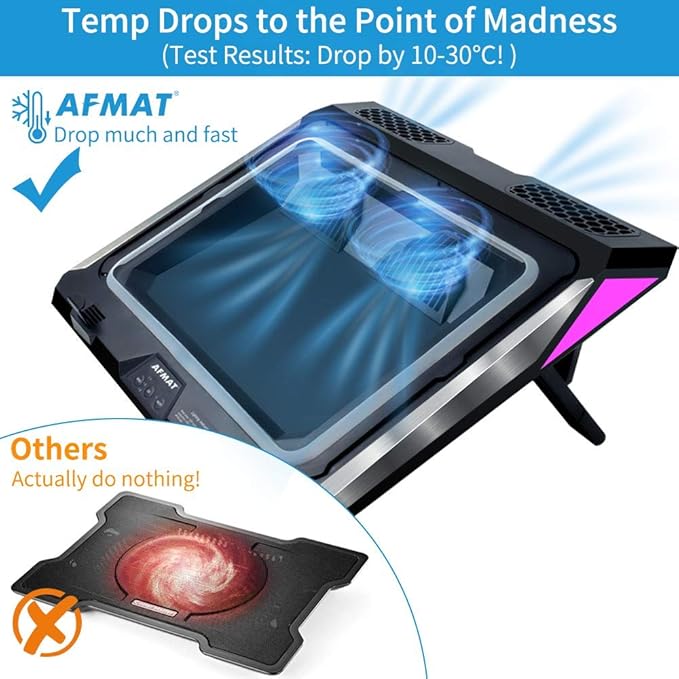 AFMAT FC05 Gaming Laptop Cooling Pad, 4500RPM Laptop Cooling Pad with Turbo-Fans, USB Ports, Colorful Lights - CPU Temperature Drops 20-30 ℃ Within Seconds - for 14-17.3 inch Laptops