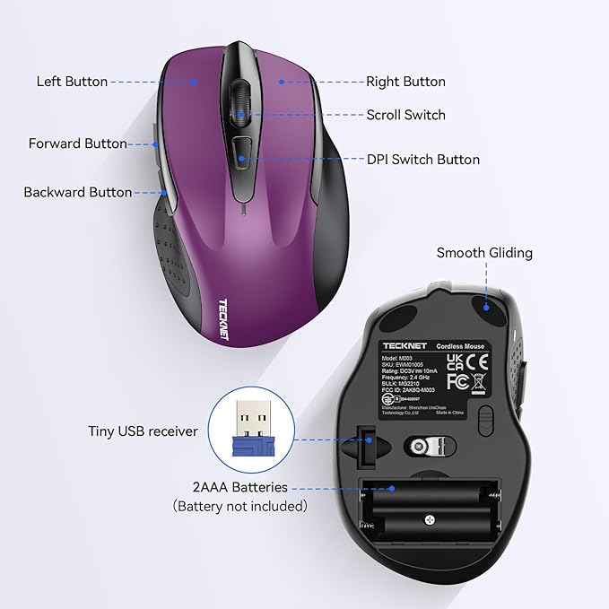 TECKNET Wireless Mouse, 2.4G Ergonomic Optical Mouse, Computer Mouse for Laptop, PC, Computer, Chromebook, Notebook, 6 Buttons, 24 Months Battery Life, 2600 DPI, 5 Adjustment Levels - Purple