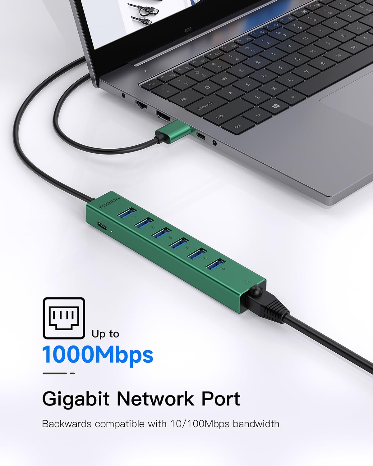 7 Ports USB 3.0 Hub, USB to Network HUB with 3.9ft Long Cable for Laptop, USB Splitter with Gigabit Ethernet Port and 5V/3A Power Port, MultiPort Aluminum Hub for iMac, PC, Flash Drives (Green)