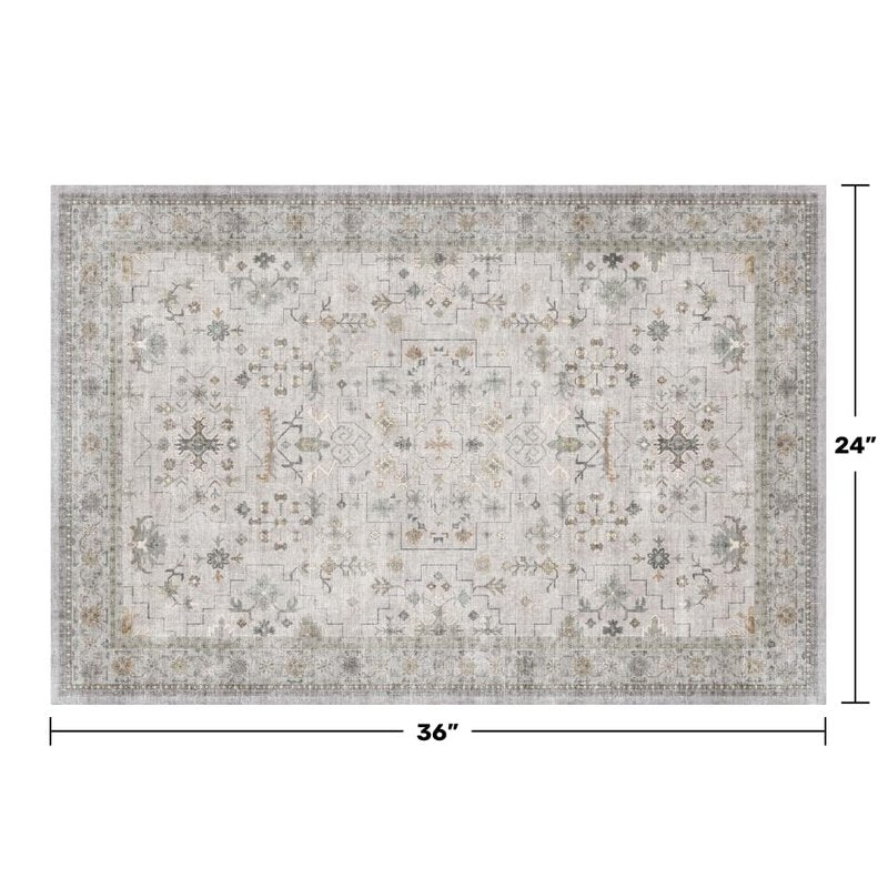 Washable 2x3 Throw Rugs for Entryway, Front Door Mat, Low Pile Non-Slip Small Area Rugs for Kitchen, Bathroom, Powder Room, Mudroom, Neutral Light Grey with Floral Accent