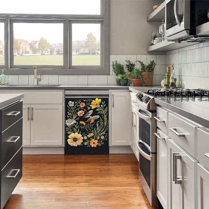 Flower and Bee Painting Dishwasher Magnet Cover Sticker,Refrigerator Magnet Cover Decal Fridge Magnetic Stickers Home Kitchen Decor,23W x 17H inchs