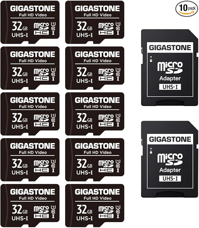Gigastone 32GB Micro SD Card Full HD Video Surveillance Security Camera Action Camera Drone Micro SDHC UHS-I U1 C10 90MB/s (Pack of 10)