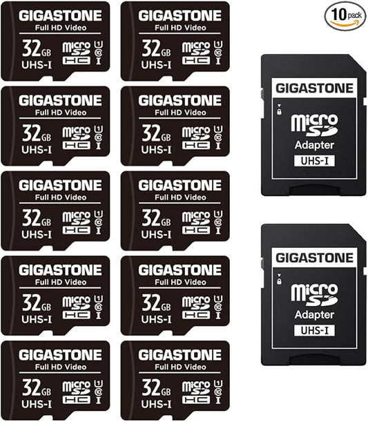 Gigastone 32GB Micro SD Card Full HD Video Surveillance Security Camera Action Camera Drone Micro SDHC UHS-I U1 C10 90MB/s (Pack of 10)