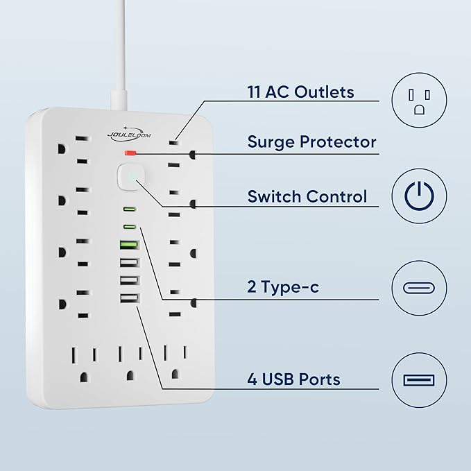 JouleLoom 2 Pack 5 FT Flat Plug Surge Protector Power Strip,11 Multiple AC Outlets with 6 USB Ports (2 USB C), 5 Feet Extension Cord, 1250W/10A, One Touch Switch Button, 17 in 1 Compact powerstrip
