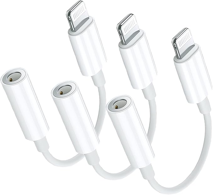 Apple MFi Certified 3-Pack Lightning to 3.5mm Headphone Jack Adapter with DAC, Headphone/Earphone Hi-Fi Audio Dongle & Car Aux Cable for iPhone 14/13/12/11/XR/X/8/7, Car, Gym, Travel, Office Use-White