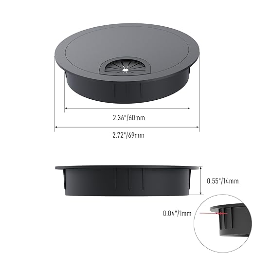 Skweawert 2 Pack Desk Grommet 2-3/8 Inch 60mm, Zinc Alloy Computer Desk Wire Hole Cover, Office Desktop Cord Cable Hole Metal Ring, Black