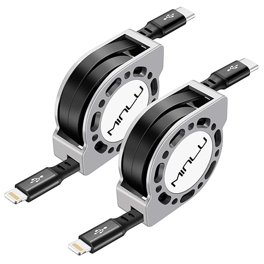 Minlu USB Type C to Lightning Cable 4Ft 2Pack, Retractable iPhone Charger Fast Charging for Retractable Car USBC iPhone Cord for iPhone14 13 12 11 Pro Max, 15 14 Plus, XS Max, SE, XR, X, 8, 7, 6S