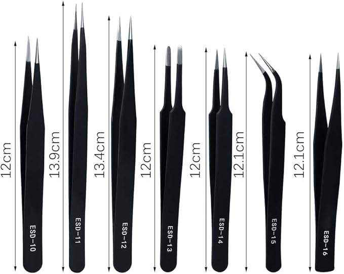 ZHIYE Precision ESD Anti-Static Tweezers, 7 pcs Stainless Steel Tweezers Set for Electronics, Jewelry-making, Laboratory Work, Repairing, Hobbies