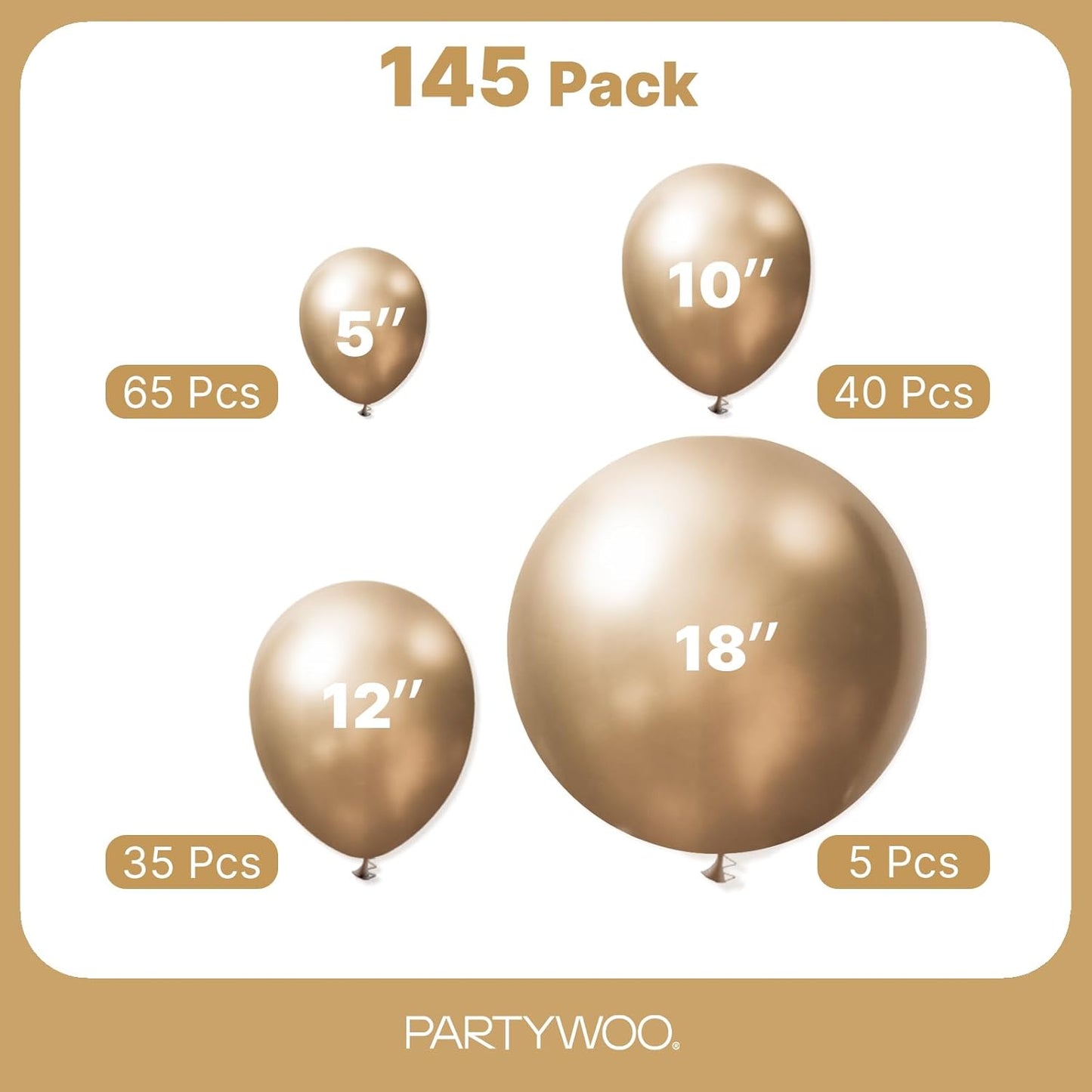 PartyWoo Metallic Gold Balloons - 145-Piece Chrome Balloon Arch Kit for Birthday & Wedding Decor | 5-18 Inch Sizes