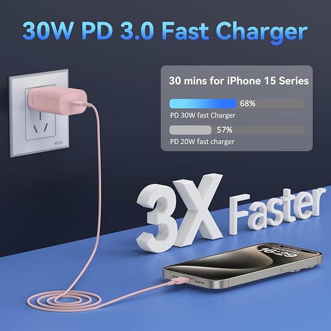 Phone 17 16 15 Charger Fast Charging,30W USB C Phone 17 16 15 Pro Max Charger Block &10FT Long Type C Cable Cord for i.Phone 17/17 Air/17 Pro/17 Pro Max/16/16 Plus/16 Pro/16 Pro Max/15/15 Pro Max,Pink
