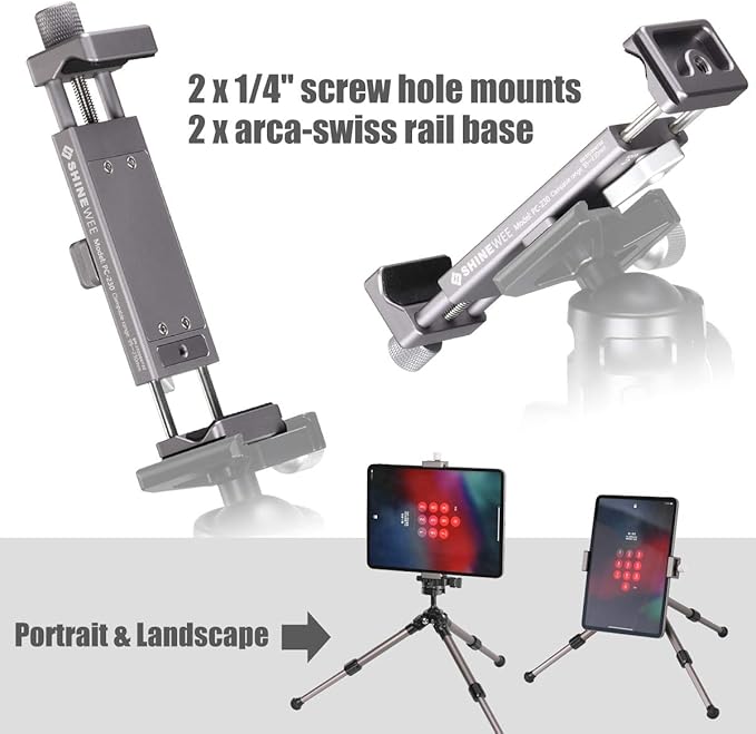 SHINEWEE Full Metal Tablet Tripod Holder - Compatible with iPad mini/Air/Pro | 1/4" Screw & Arca-Swiss Dovetail Mounts | Universal Tablet Clamp Adapter