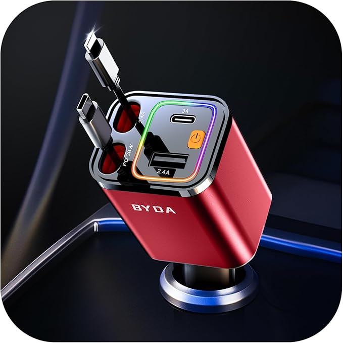 4 in 1 Retractable Car Charger,69W USB-C Fast Car Charger, for iPhone16/15/14/13/12,Cigarette Lighter Charger (Grey, for Apple+Type C &RGB Breathing Light [Red])