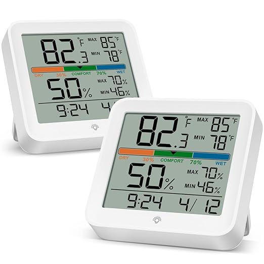 MeesMeek 2 Pack Indoor Thermometer Room Temperature Home Hygrometer Humidity Gauge, Accurate with Calibration, Backlight, Air Comfort Indicator, 24H Max Min Records, Time, Date(AAA Batteries Included)