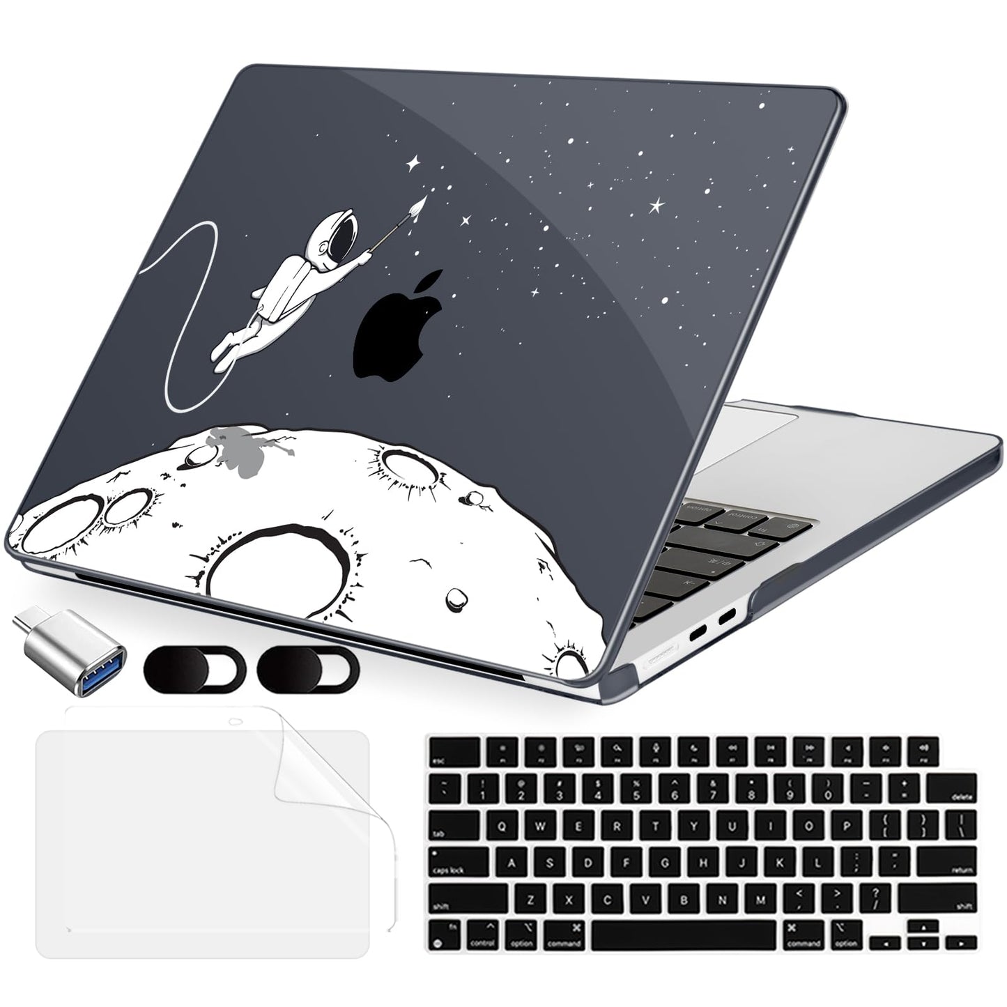 MecBevia Compatible with 2026 M5 MacBook Air 15 inch Case, 2026 2025-2023 M5 A3448 M4 A3241 M3 A3114 M2 A2941, Keyboard Cover, Screen Protector, Webcam Cover & Type-C OTG, Astronauts Stars