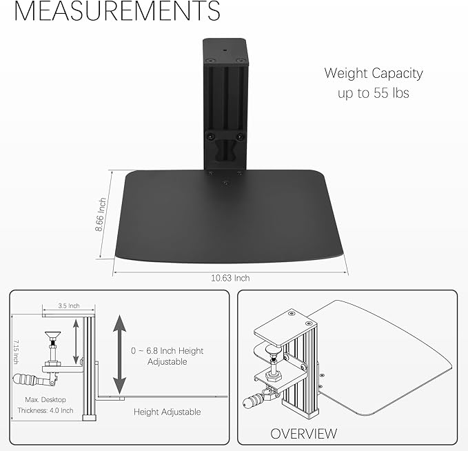 VTUIFBT Metal Clamp-on Adjustable Computer Mouse Pad and Device Holder for Desks, Metal Computer Mouse Desk Mount Pad, 10.63" x 8.66" Ergonomic Desk Extender Tray, Fits up to 4 Inch Desktops, Black