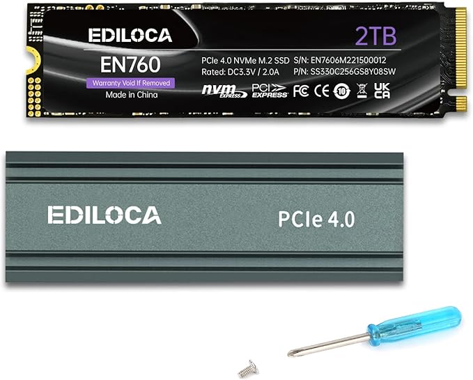 Ediloca 2TB M2 NVME SSD with Heatsink - PCIe Gen4.0 NVMe M.2 2280 3D NAND TLC, 4800MB/s Read, Internal Solid State Drive for PS5/PC, Dynamic SLC Cache, PS5 Storage Expansion, 5-Year Warranty(EN760)