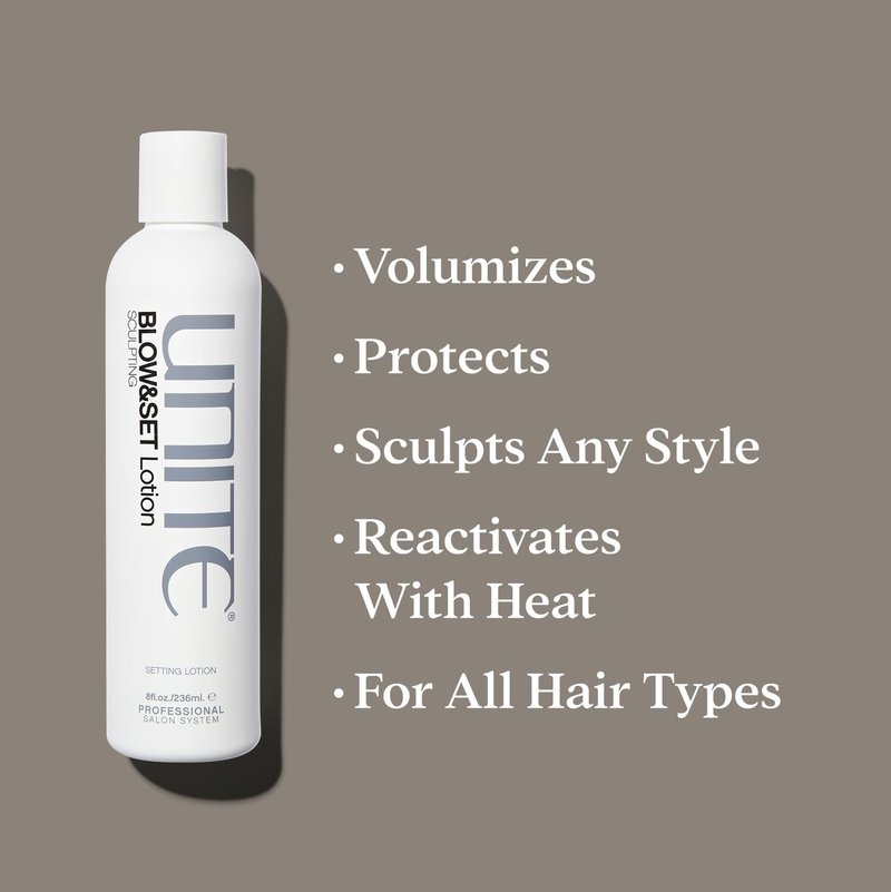 UNITE Hair – BLOW&SET Lotion – Heat-Activated Sculpting Lotion for Volume, Shape & Soft Flexible Hold – UV & Thermal Protection – 8 Fl Oz