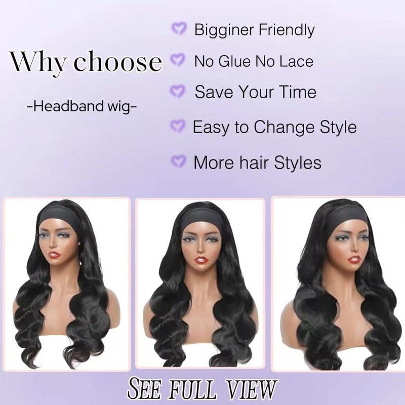 Headband Wig Human Hair Body Wave Wigs None Lace Front Wigs 100% Human Hair Brazilian Virgin 180% Density Natural Color (14inch)