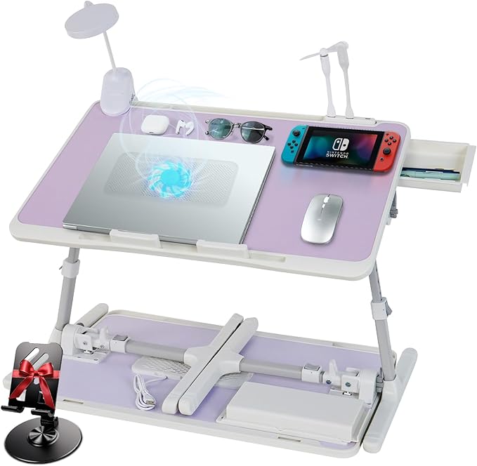 iXTRA Laptop Lap Desk Include Cooling Fan,Adjustable Lap Desk with Light Fan,Folding Laptop Desk for Bed with USB,Bed Desk with Storage Drawer 56x32cm,Purple