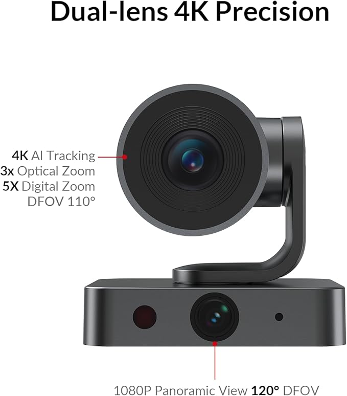 All-in-One Conference System: 4K AI PTZ Webcam with Dual Lens + Wireless USB/Bluetooth Speakerphone, AI Framing & Presenter Tracking, 15x Zoom, 360° Mic, Zoom/Teams/Webex Compatible for Meeting Room