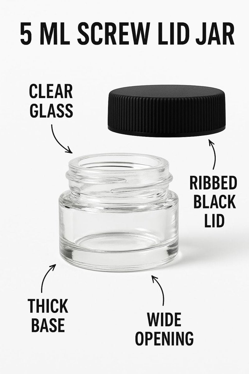 100 Pack 5ml Jar Screw Lid Black - Small Glass Cosmetic Packaging Container for Cream, Wax, and Balms