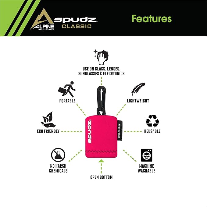 SPUDZ Classic Microfiber Lens Cleaner – Clip-On Pouch, Washable – for Binoculars, Scopes, Glasses, Screens | Classic | Pink, 6 x 6 Inch (3-Pack)