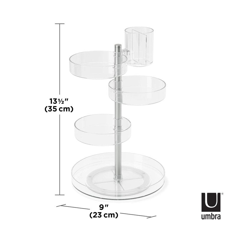 Umbra Pirouette Cosmetic Organizer, Large Capacity Makeup Storage with Adjustable Compartments, Clear/Nickel
