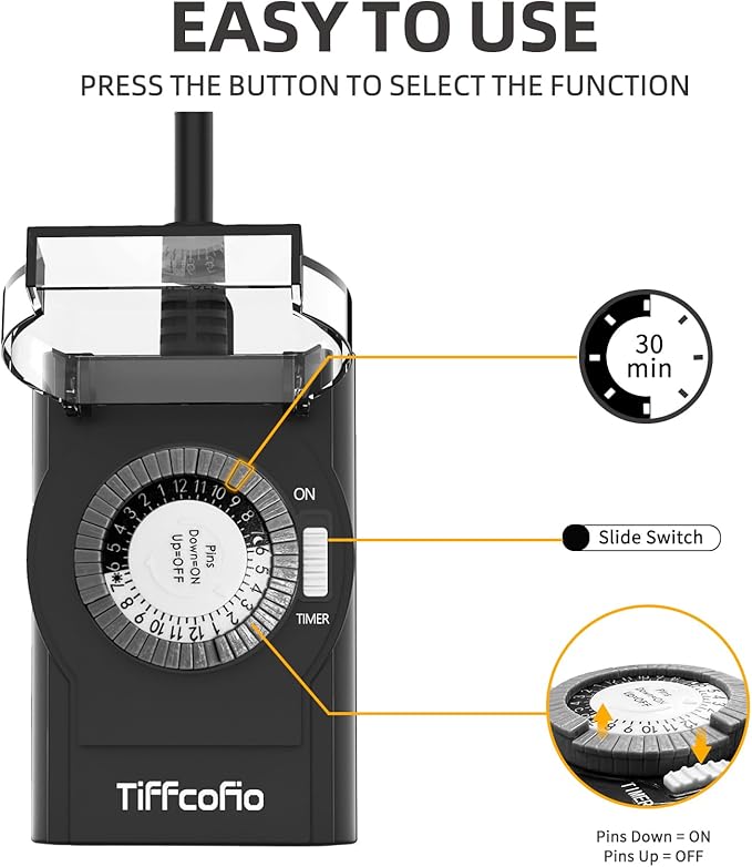 TiFFCOFiO Outdoor Timer Outlet Waterproof, 24 Hour Mechanical Light Timer Outdoor, 2 Grounded Outlets for Home and Garden, 15A 1/2HP, Heavy Duty, ETL Listed (1 Pack)