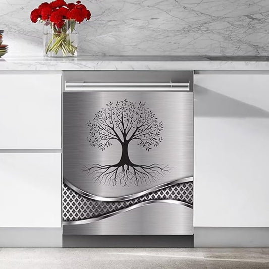 Imitation Stainless Steel Design Tree Painting Magnetic Dishwasher Cover Sticker,Kitchen Decor Magnet Cabinet Fridge Panel Decal Sticker 23W x 26H inchs