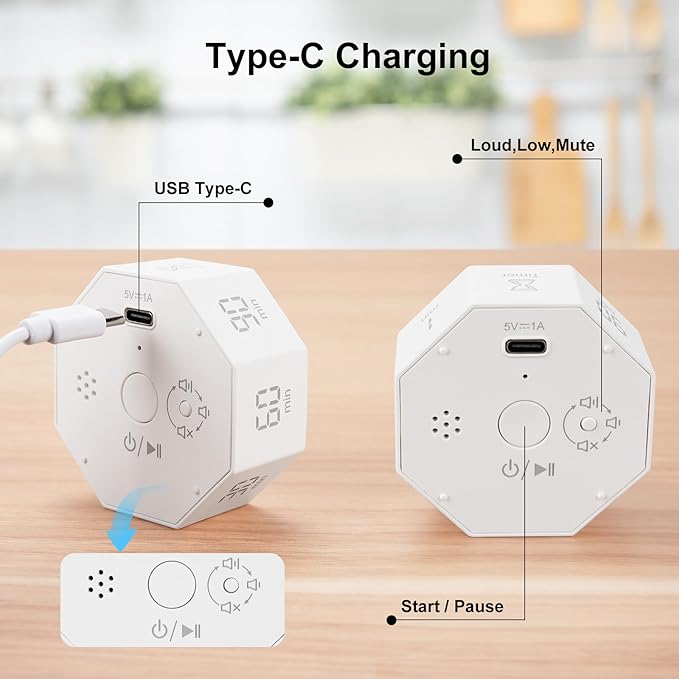 Kaflin Small Rechargeable Pomodoro Timer, Gravity Sensor Auto-Rotating 7 Preset Times (1/3/5/15/30/60/90 min) & Count Up Mode, Digital Kitchen Timers for Cooking, Work and Study (Pearl White)
