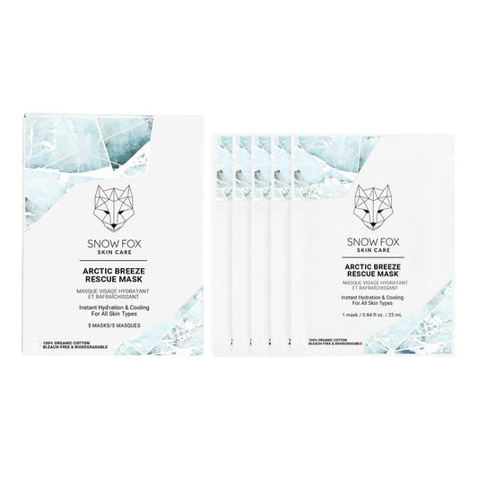Snow Fox Arctic Breeze Rescue Sheet Mask with Peppermint & Aloe Vera – Cooling Face Mask to Calm & Revitalize Skin and Refresh after Travel – Hydrating Facial Skin Care for all Types – 5 Pack