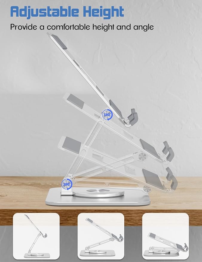 ToBeoneer Tablet Stand Holder with 360°Rotating Base - Adjustable Aluminum Desktop Stand for iPad Holder for Desk Compatible with 4-13" Tablets, Silver