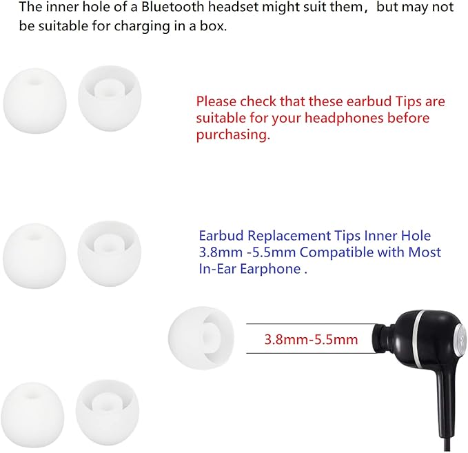 CYADCI 36 Pieces Large Earbud Tips Soft and Comfortable Silicone Earbud Tips Ear Bud Replacement Pieces Silicone Fit Most in-Ear Headphones，Inner Hole 3.8mm -5.5mm，Large White Earbuds Silicone Tips