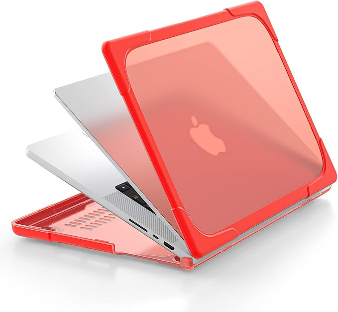Batianda Heavy Duty Case for New MacBook Pro 16 inch 2026 M5 2024 M4 2023 M3 2021 M2 Pro Max Chip- Ergonomic Foldable Kickstand (Holds 22lbs/Zero Wobble) Matte Translucent Rugged Armor Cover, Red