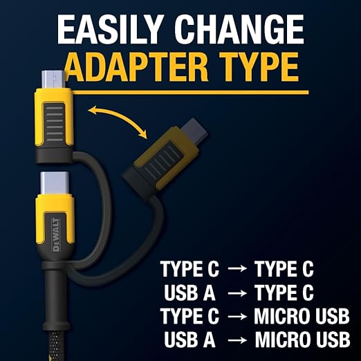 DEWALT Heavy Duty 4-in-1 Cable, Type C/MicroUSB/USB Cables for iPhone 17/16/15 iPad, USBC All in One Charging Cable, HTC, LG, Samsung Galaxy, Android, iPad Pro, Micro-to-C Charger Cables (6ft, Black)