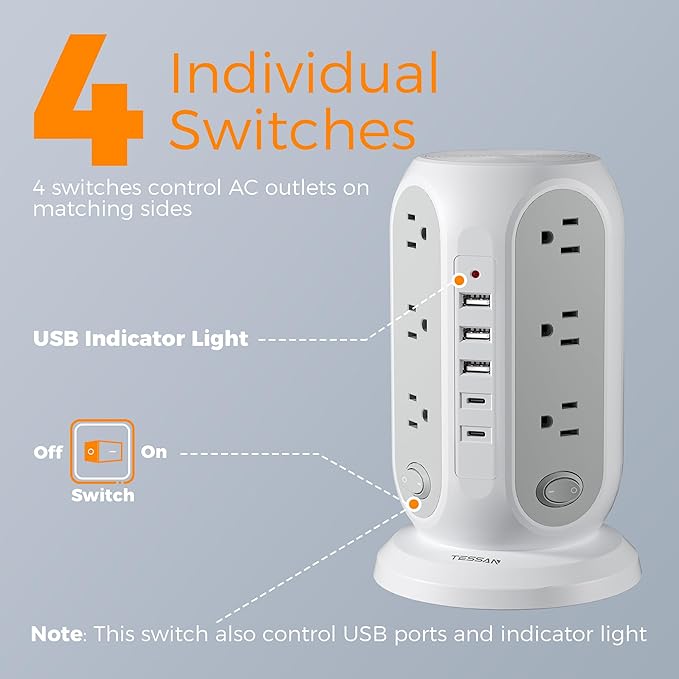 TESSAN Tower Power Strip with Individual Switches, Surge Protector with 12 Outlets, 5 USB Ports(2 USB C), Flat Extension Cord 10 Ft, 1250W, Charging Station for Multiple Devices, Office, Dorm, Grey