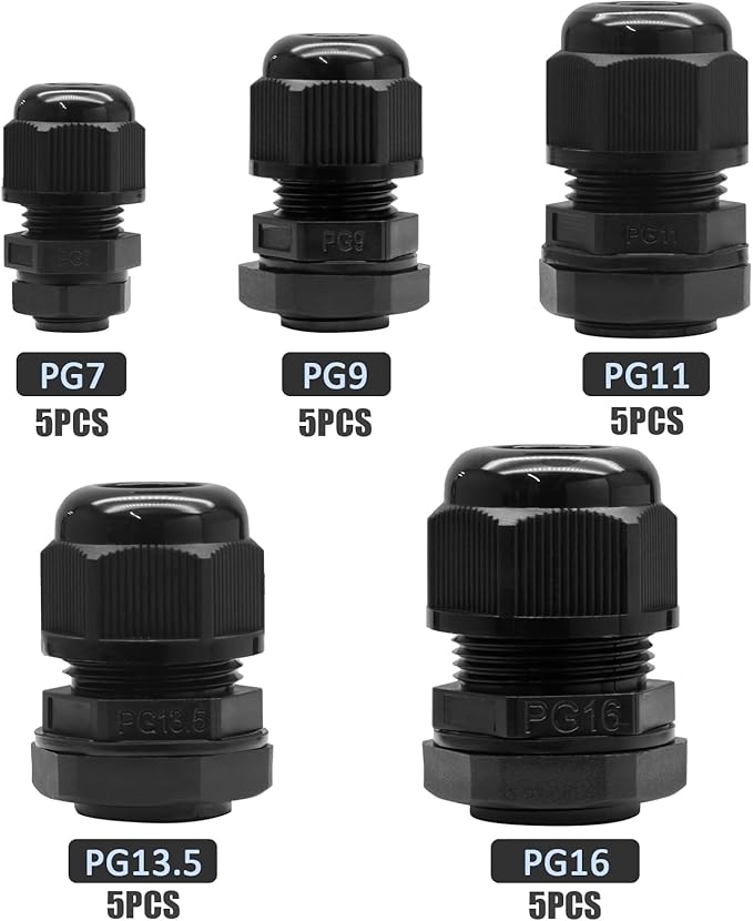 Kyuionty 25 Pcs Nylon Cable Glands, PG7 PG9 PG11 PG13.5 PG16 Strain Relief Cable Cord Connector IP68 Waterproof Junction Box Wire Protectors Adjustable for 3-13mm Cable Diameter