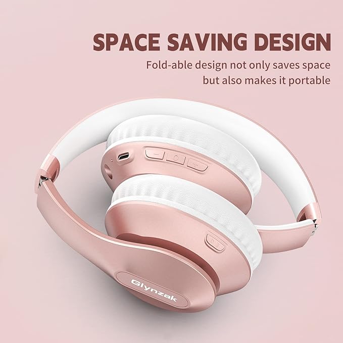 Glynzak Wireless Bluetooth Headphones Over Ear 65H Playtime HiFi Stereo Headset with Microphone and 6EQ Modes Foldable Bluetooth V6.0 Headphones for Travel Smartphone Computer Laptop Rose Gold