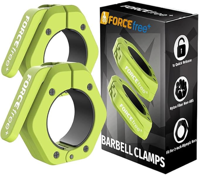 Forcefree+ Barbell Clips (Pair), Barbell Clamps, Quick Release Olympic Barbell Clamps with Anti Slip TPR Grip, Barbell Collars for Secure Weightlifting & Powerlifting (Non Magnetic, Green)