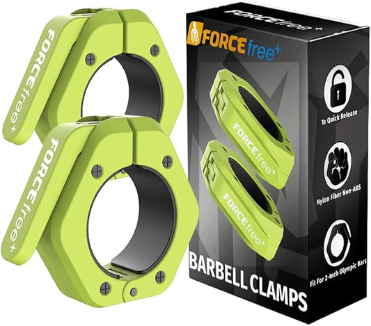 Forcefree+ Barbell Clips (Pair), Barbell Clamps, Quick Release Olympic Barbell Clamps with Anti Slip TPR Grip, Barbell Collars for Secure Weightlifting & Powerlifting (Non Magnetic, Green)