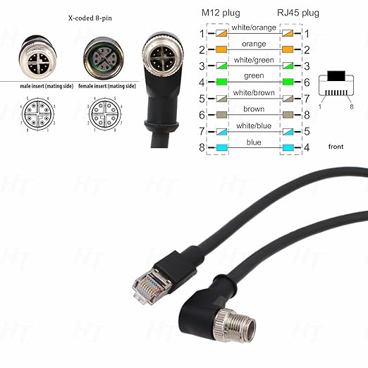 HangTon Ethernet Cable for Keyence IV3 SR5000 Cognex DataMan 260 280 380 370 470 580 Barcode Reader Sensor, 8 Pin X-Coded Angled M12 to RJ45 Shielded 3m