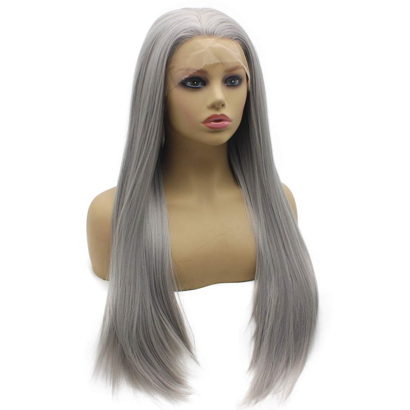 Iwona Gray Straight Wig Half Hand Tied Heat Resistant Fiber Hair Synthetic Lace Front Wig