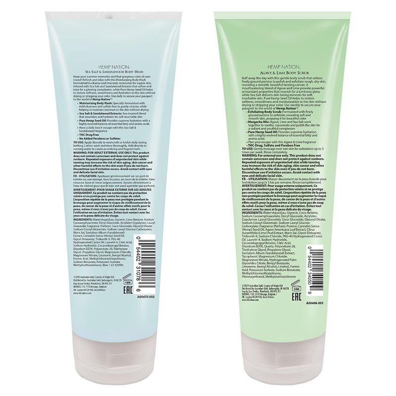 Australian Gold Hemp Nation Shower Bundle - Sea Salt & Sandalwood Body Wash (8 Fl Oz) and Agave & Lime Body Scrub (8 Fl Oz), Moisturizing Wash and Exfoliating Scrub, Pure Hemp Seed Oil