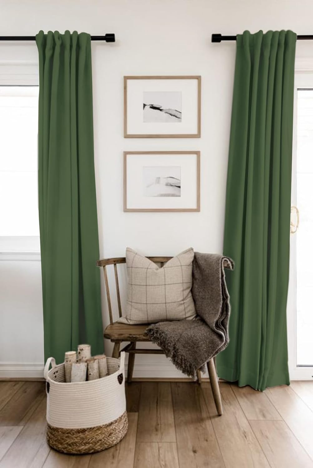 Skiennix 100% Blackout Linen Curtains - Thermal Insulated Drapes, 50" W x 120" L, Moss Green | 2 Panels Set