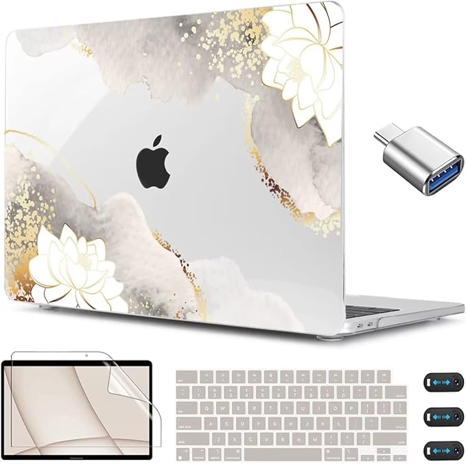 CISSOOK for MacBook Air 13.6 inch Case 2026 2025 2024 2023 2022 Release Model A3449 A3240 A3113 A2681, Lotus Hard Shell Case Keyboard Cover for MacBook Air 13 M2 M3 M4 M5 Chip, Charming Painting