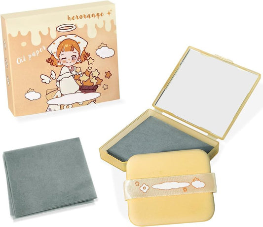 3-in-1 Oil Blotting Paper Set - 100 Sheets for Oily Skin | Portable Mirror & Adhesive Makeup Puff - Yellow