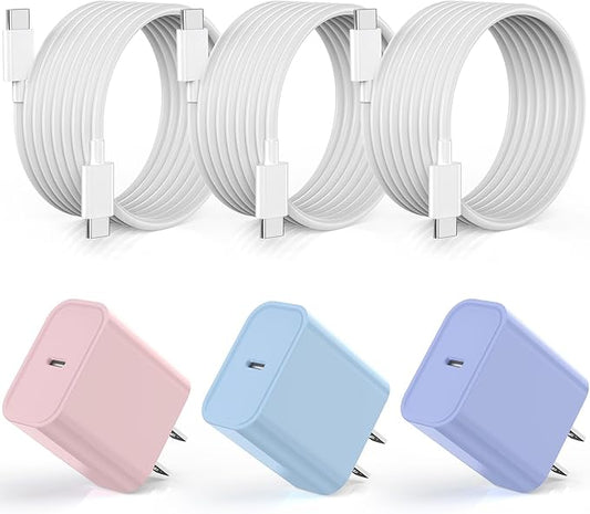 [3Pack]20W USB C Fast Charger iPhone 17 16 Fast Charging, Apple 17 Charger Block 6ft C to C Long Charging Cable Cord for iPhone 17/16e/16 Pro/16 Pro Max/iPhone 15 Series/iPadAir/Mini(Pink+Blue+Purple)